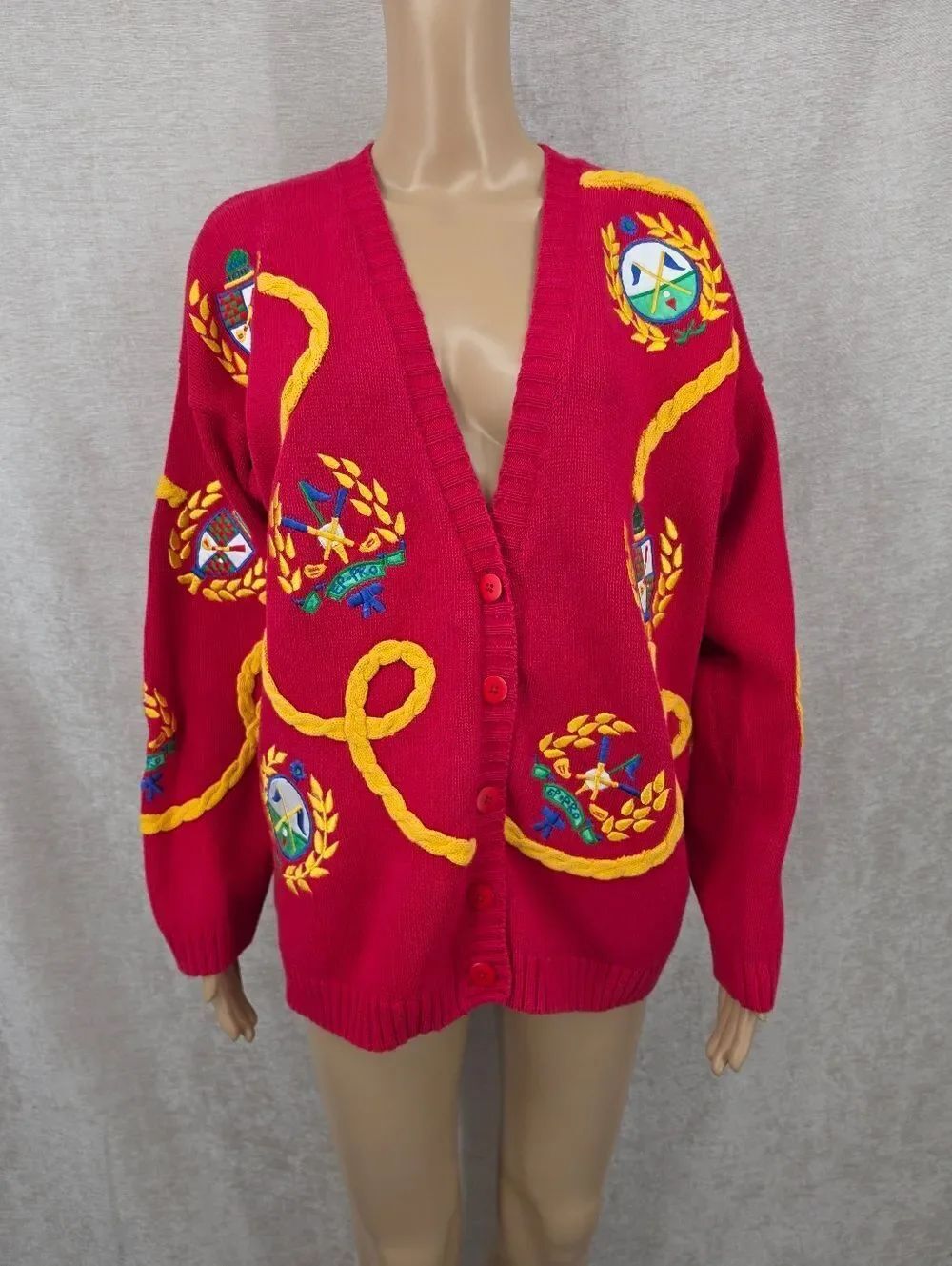 Vintage 90s Golf Red Yellow Embroidered 2D Cable Knit Sweater Cardigan Oversized